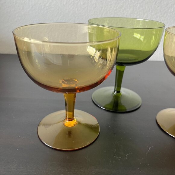 Vintage Coupe Cocktail Glasses // Set of 5 Green and Amber Glass - Picture 2 of 5